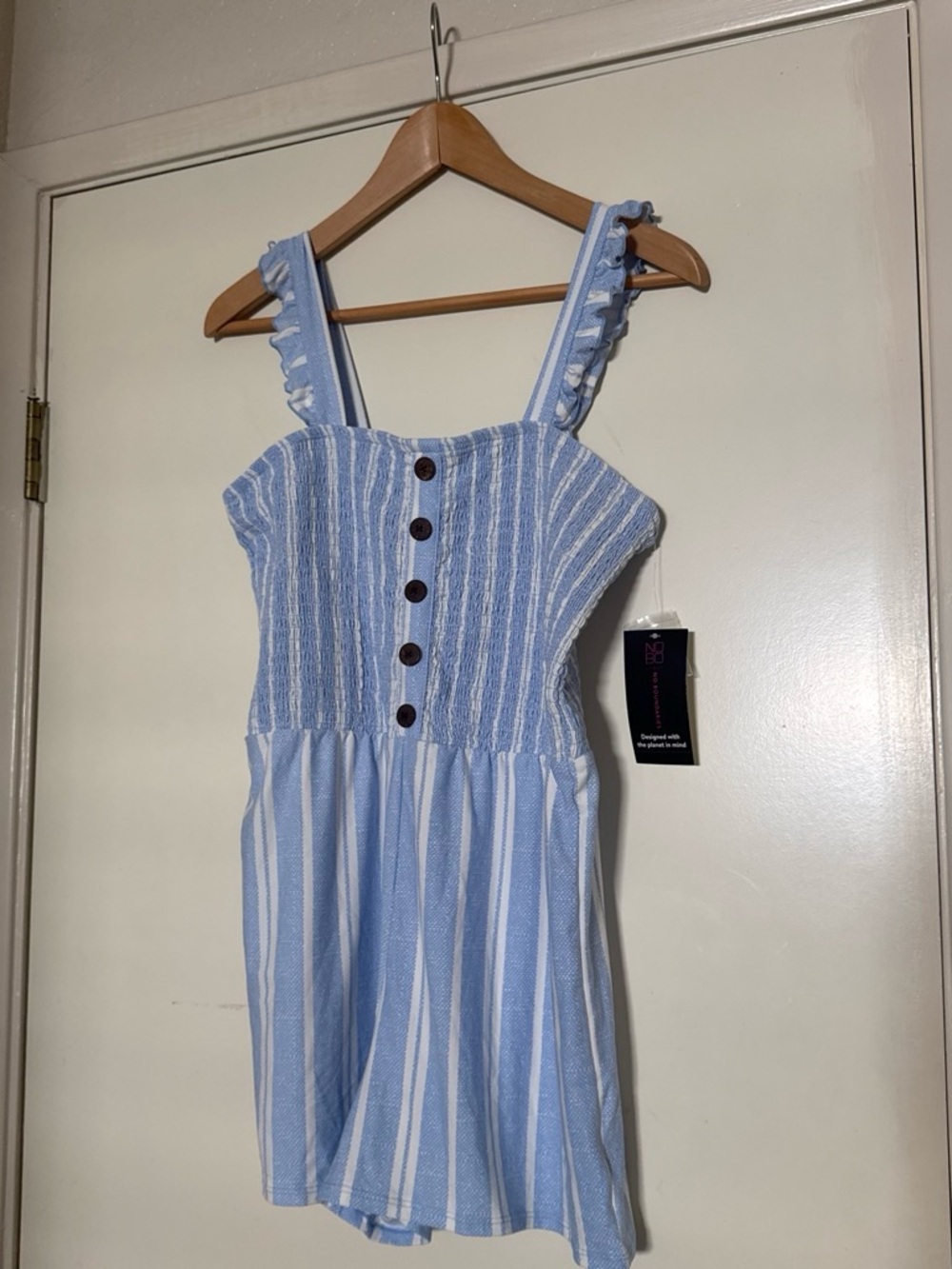Light Blue Striped Romper with Button Front